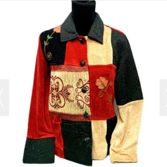 Studio Works Women Jacket Black Red Beige Patches Floral Size Small - Picture 1 of 3